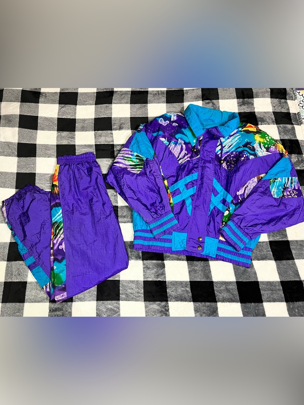 Vintage 90s East West Track Suit Jacket & Pants Purple Teal Abstract Retro (M)